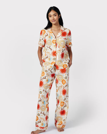 Cotton Cheesecloth Sun & Moon Short Sleeve Long Pyjama Set